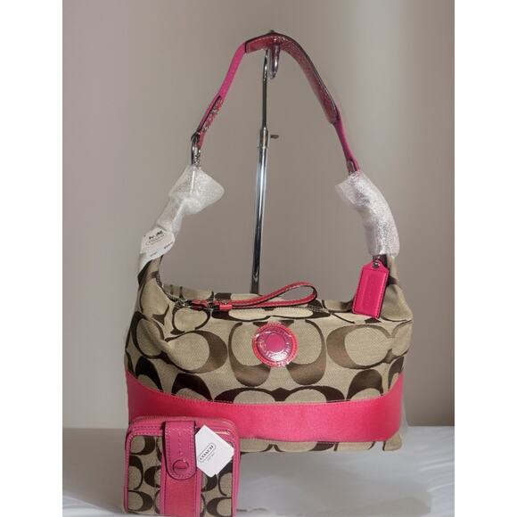 NWT Coach Signature Stripe Hobo 23769E & Wallet F48774 Set SV/Khaki Punch Pink - Picture 3 of 16
